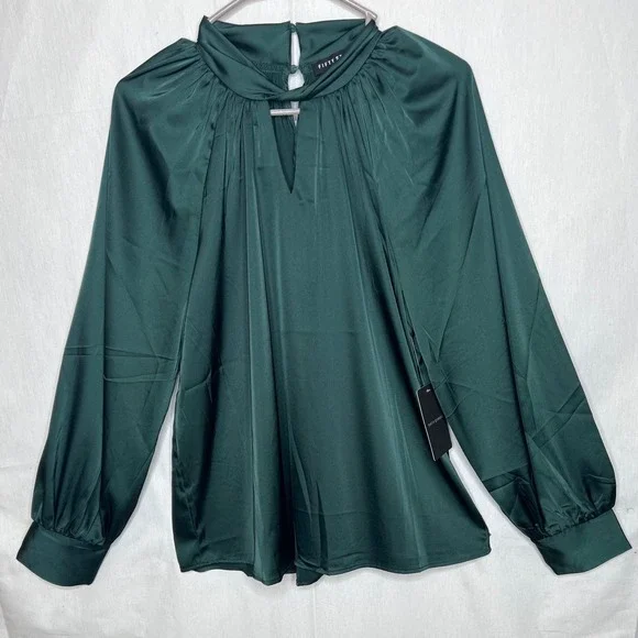 Fifty Street Emerald Green Satin High Neck Twisted Keyhole Blouse Top Large NWT - Picture 3 of 4